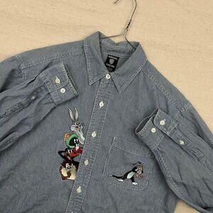 Vintage 1997‎ Loney Tunes Embroidered Blue Striped Button Down Shirt